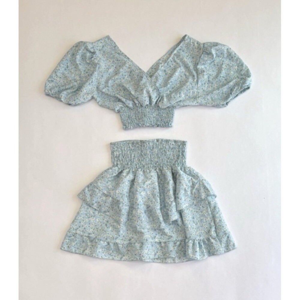 Defox Mini Skirt Crop Top Set Baby Blue Ditzy Floral Ruffle - Size S/M - Picture 1 of 5